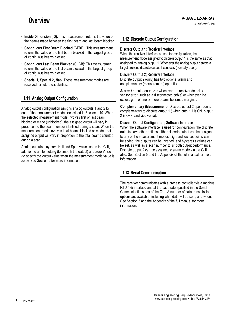 Overview, 11 analog output configuration, 12 discrete output configuration | 13 serial communication | Banner EZ-ARRAY USB Serial Adapter User Manual | Page 10 / 28