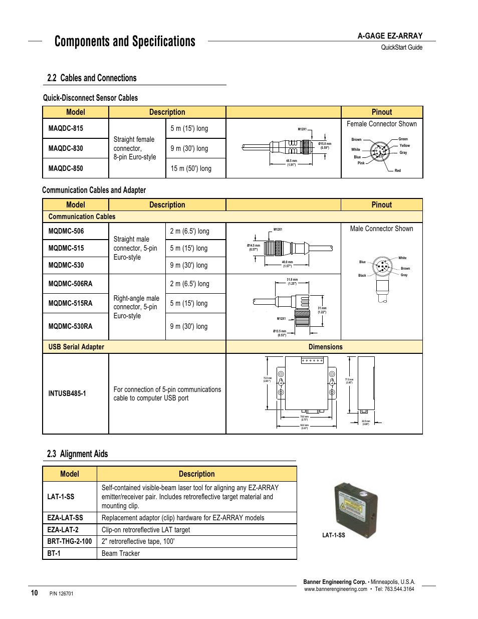 Components and specifications, 2 cables and connections, 3 alignment aids | Quick-disconnect sensor cables, Communication cables and adapter, A-gage ez-array, Model description pinout, Model description | Banner EZ-ARRAY USB Serial Adapter User Manual | Page 12 / 28