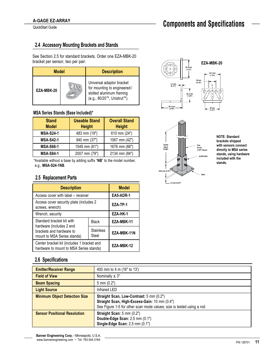 Components and specifications, 5 replacement parts, Msa series stands (base included) | Banner EZ-ARRAY USB Serial Adapter User Manual | Page 13 / 28