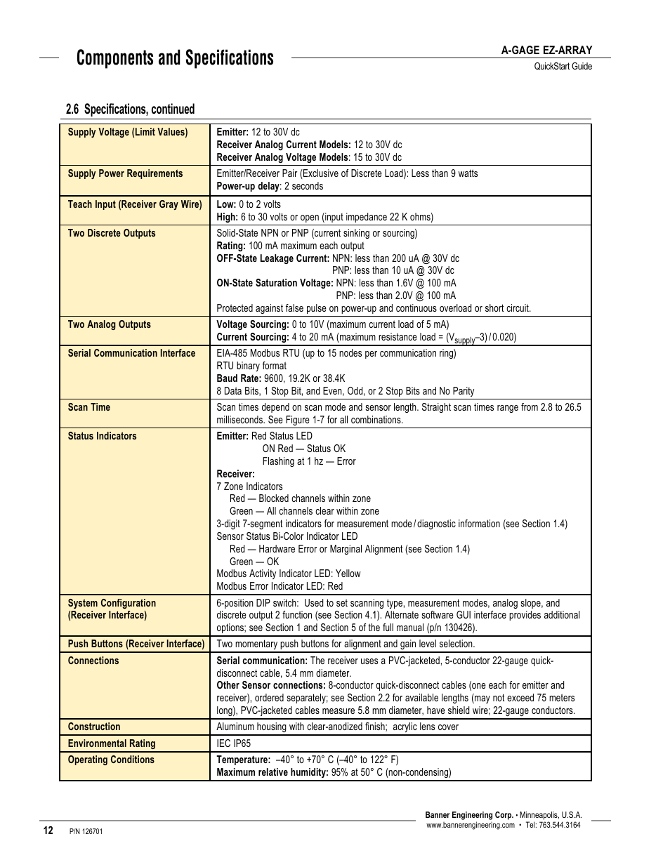 Components and specifications, 6 specifications, continued | Banner EZ-ARRAY USB Serial Adapter User Manual | Page 14 / 28