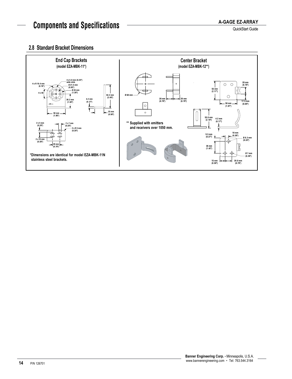 Components and specifications, 8 standard bracket dimensions, End cap brackets | Center bracket, A-gage ez-array, Quickstart guide, Model eza-mbk-11*), Model eza-mbk-12**), Banner engineering corp, Minneapolis, u.s.a | Banner EZ-ARRAY USB Serial Adapter User Manual | Page 16 / 28