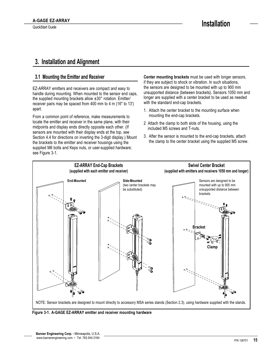 Installation, Installation and alignment, 1 mounting the emitter and receiver | Banner EZ-ARRAY USB Serial Adapter User Manual | Page 17 / 28