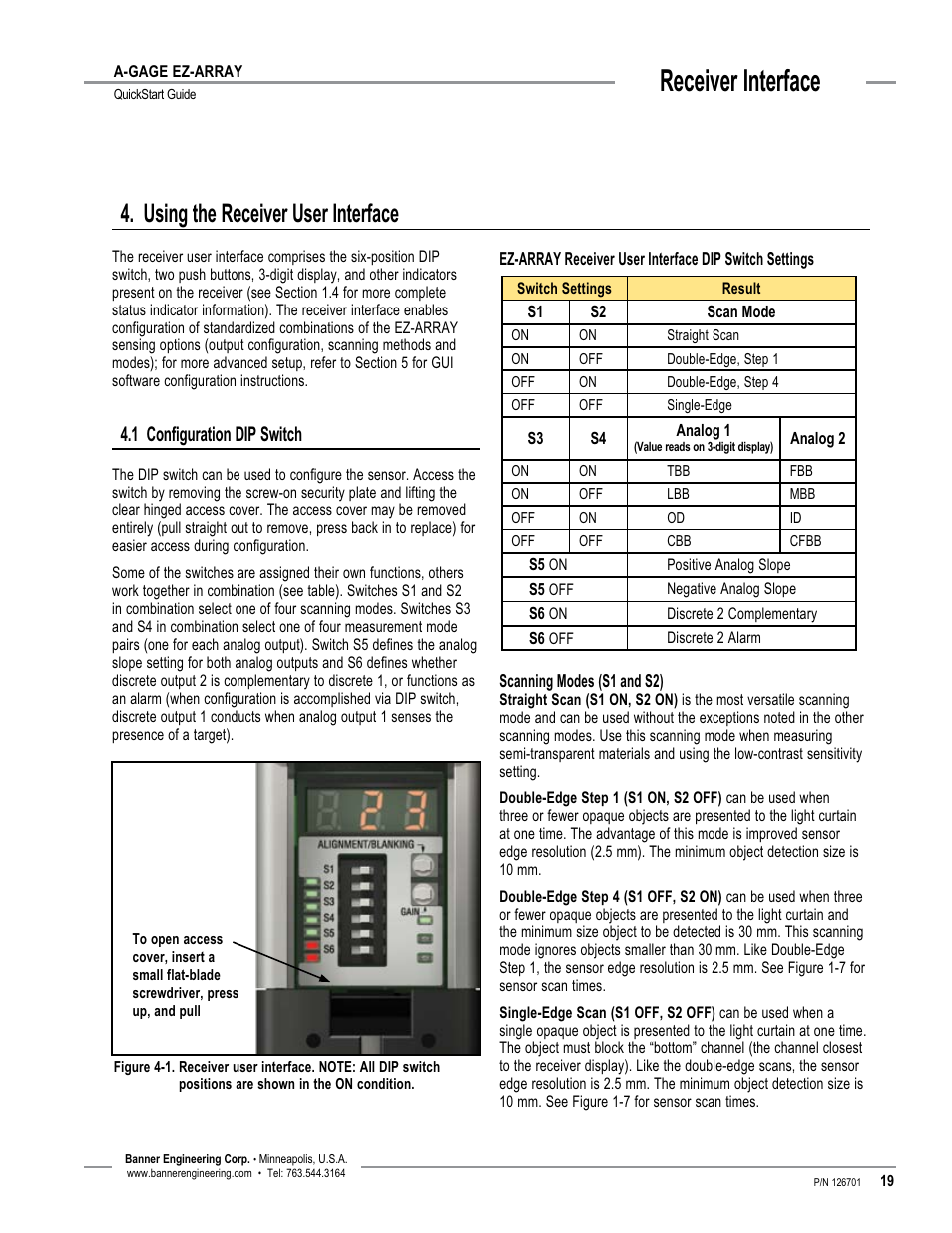 Receiver interface, Using the receiver user interface, 1 configuration dip switch | Banner EZ-ARRAY USB Serial Adapter User Manual | Page 21 / 28