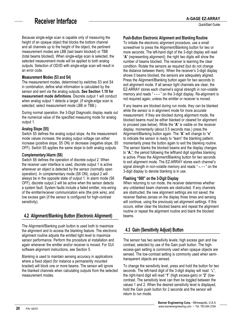 Receiver interface, 3 gain (sensitivity adjust) button | Banner EZ-ARRAY USB Serial Adapter User Manual | Page 22 / 28