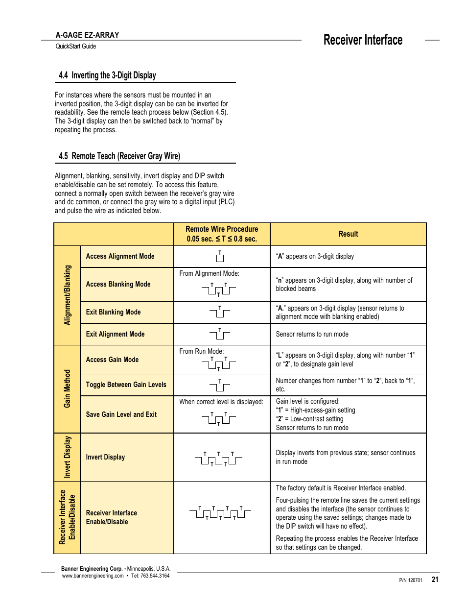 Receiver interface, 4 inverting the 3-digit display, 5 remote teach (receiver gray wire) | Banner EZ-ARRAY USB Serial Adapter User Manual | Page 23 / 28