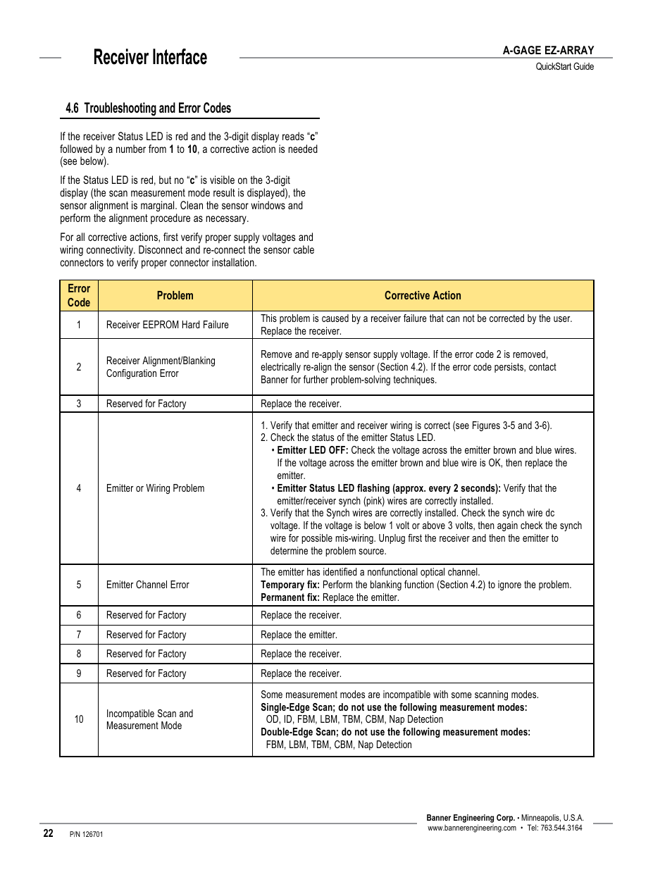 Receiver interface, 6 troubleshooting and error codes | Banner EZ-ARRAY USB Serial Adapter User Manual | Page 24 / 28