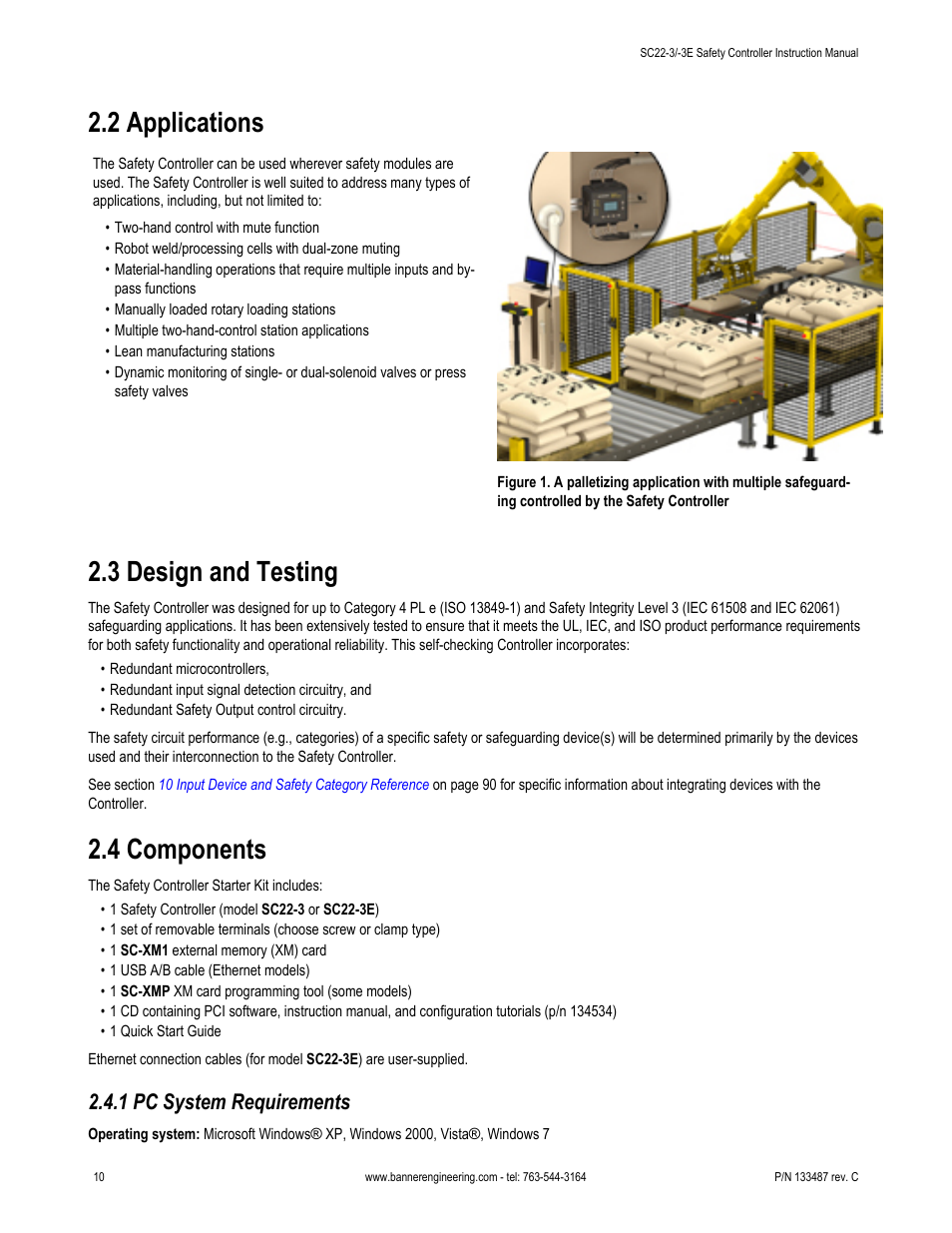 2 applications, 3 design and testing, 4 components | 1 pc system requirements | Banner SC22-3E Safety Controller with Ethernet User Manual | Page 10 / 130