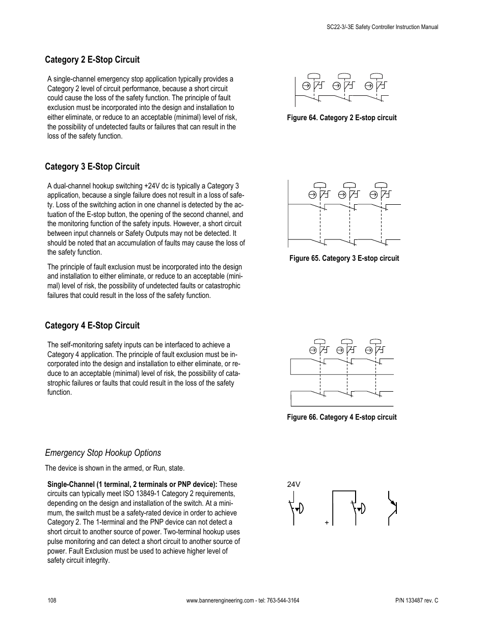Category 2 e-stop circuit, Category 3 e-stop circuit, Category 4 e-stop circuit | Emergency stop hookup options | Banner SC22-3E Safety Controller with Ethernet User Manual | Page 108 / 130