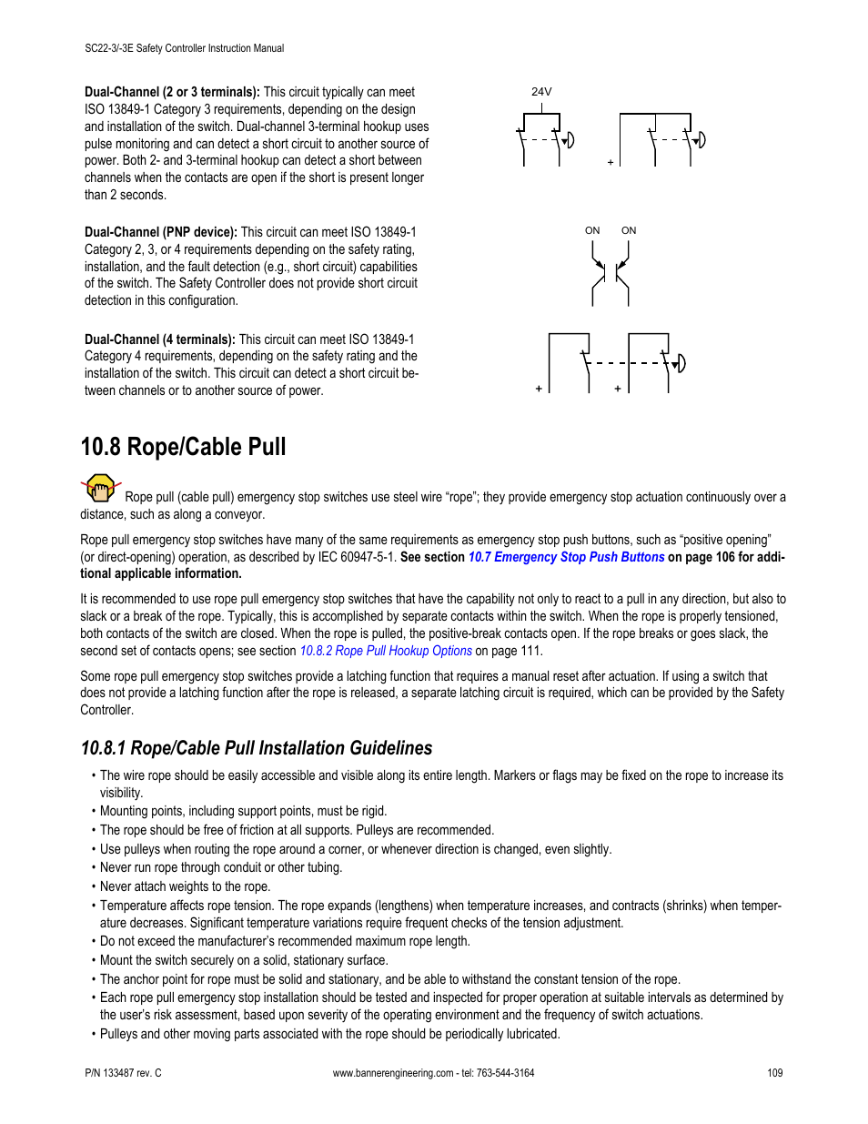 8 rope/cable pull, 1 rope/cable pull installation guidelines | Banner SC22-3E Safety Controller with Ethernet User Manual | Page 109 / 130