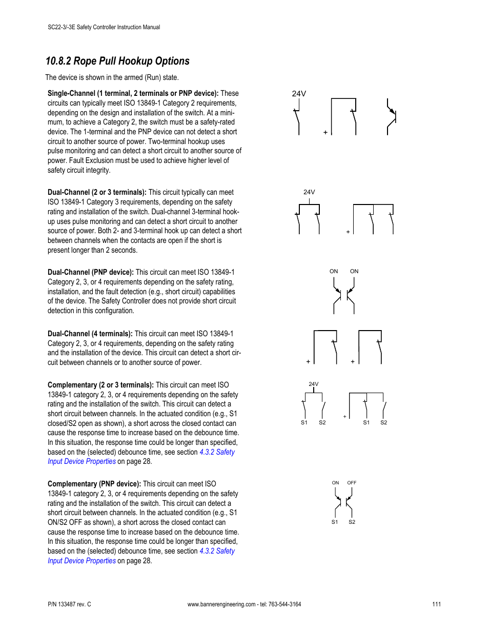 2 rope pull hookup options, Second set of contacts opens; see section | Banner SC22-3E Safety Controller with Ethernet User Manual | Page 111 / 130