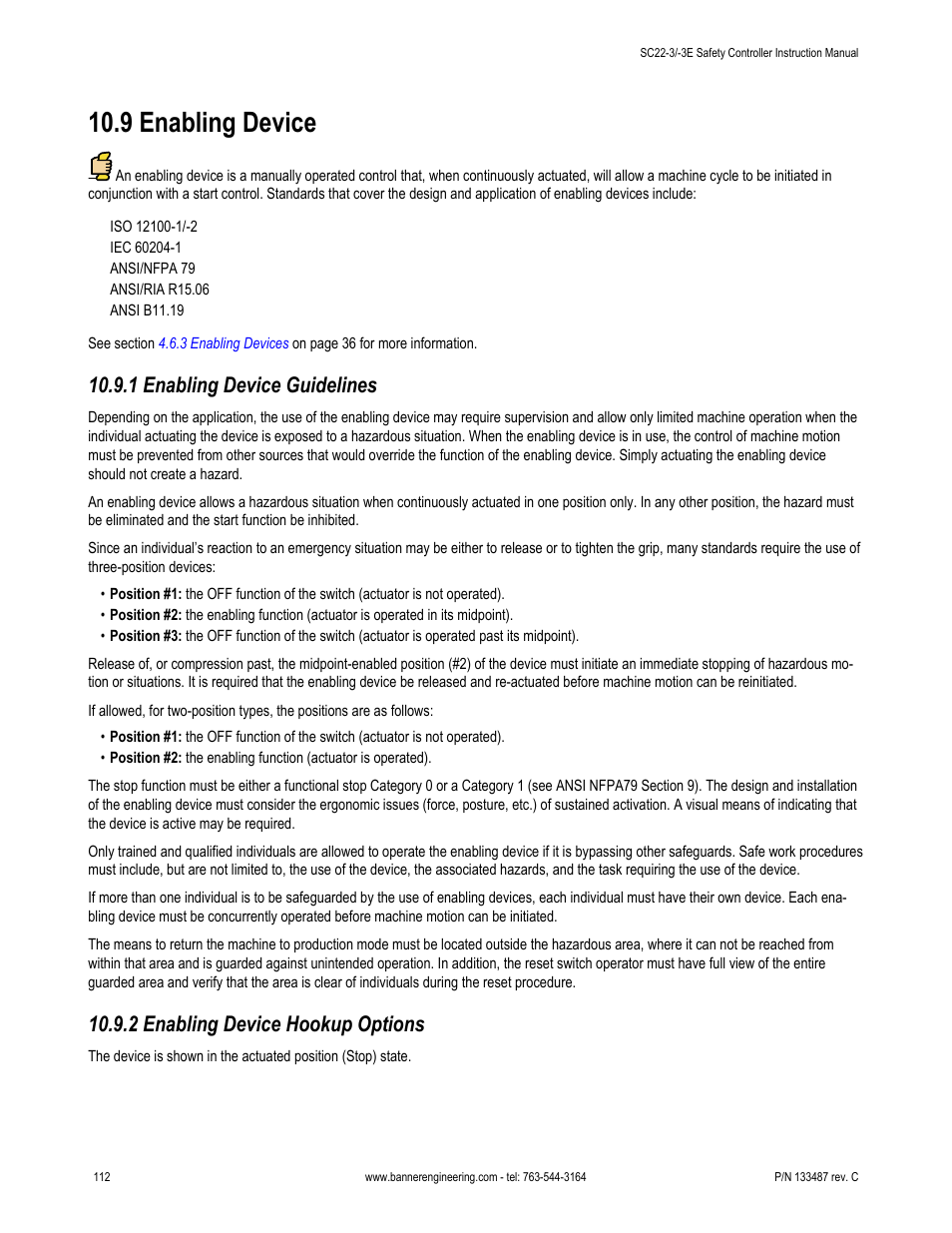 9 enabling device, 1 enabling device guidelines, 2 enabling device hookup options | Banner SC22-3E Safety Controller with Ethernet User Manual | Page 112 / 130