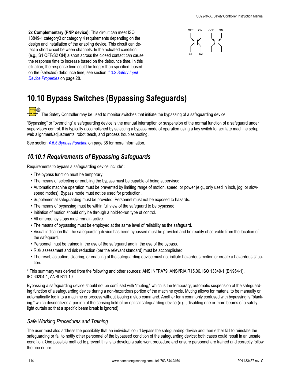 10 bypass switches (bypassing safeguards), 1 requirements of bypassing safeguards, Safe working procedures and training | Banner SC22-3E Safety Controller with Ethernet User Manual | Page 114 / 130