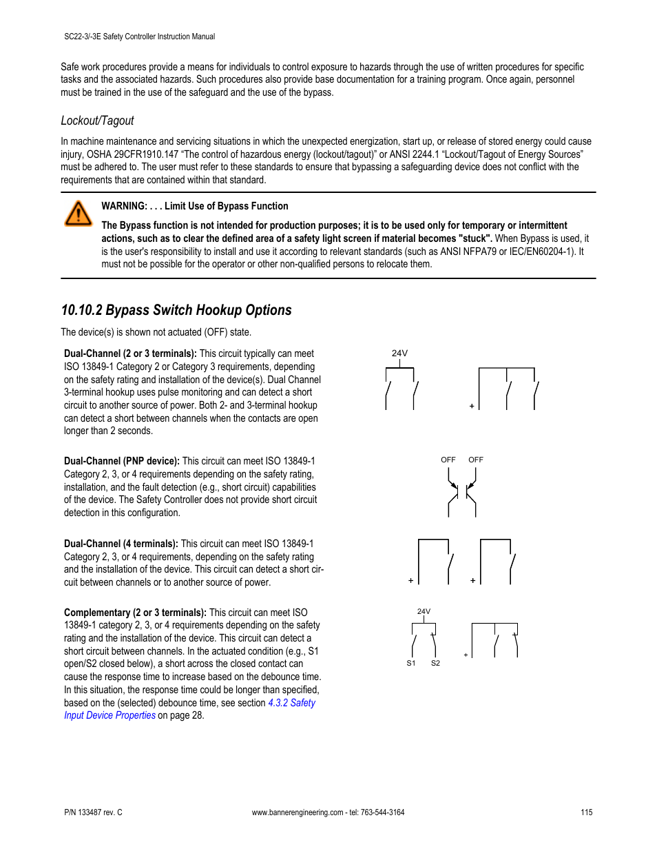 Lockout/tagout, 2 bypass switch hookup options | Banner SC22-3E Safety Controller with Ethernet User Manual | Page 115 / 130