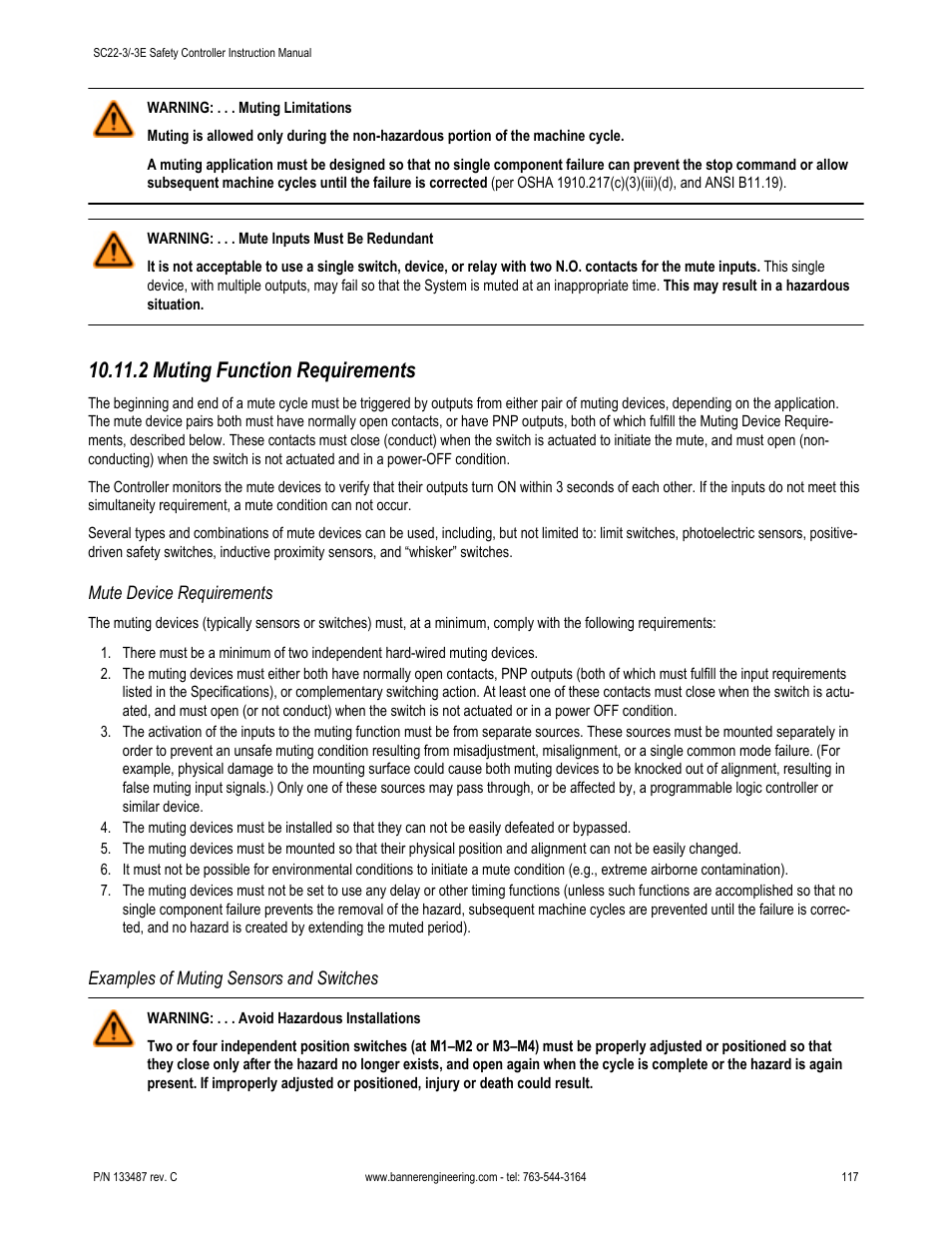 2 muting function requirements, Mute device requirements, Examples of muting sensors and switches | Banner SC22-3E Safety Controller with Ethernet User Manual | Page 117 / 130