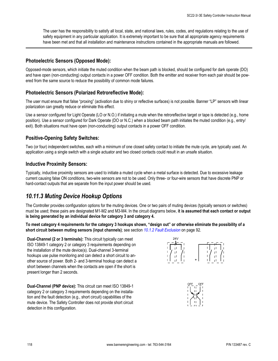 Photoelectric sensors (opposed mode), Positive-opening safety switches, Inductive proximity sensors | 3 muting device hookup options | Banner SC22-3E Safety Controller with Ethernet User Manual | Page 118 / 130