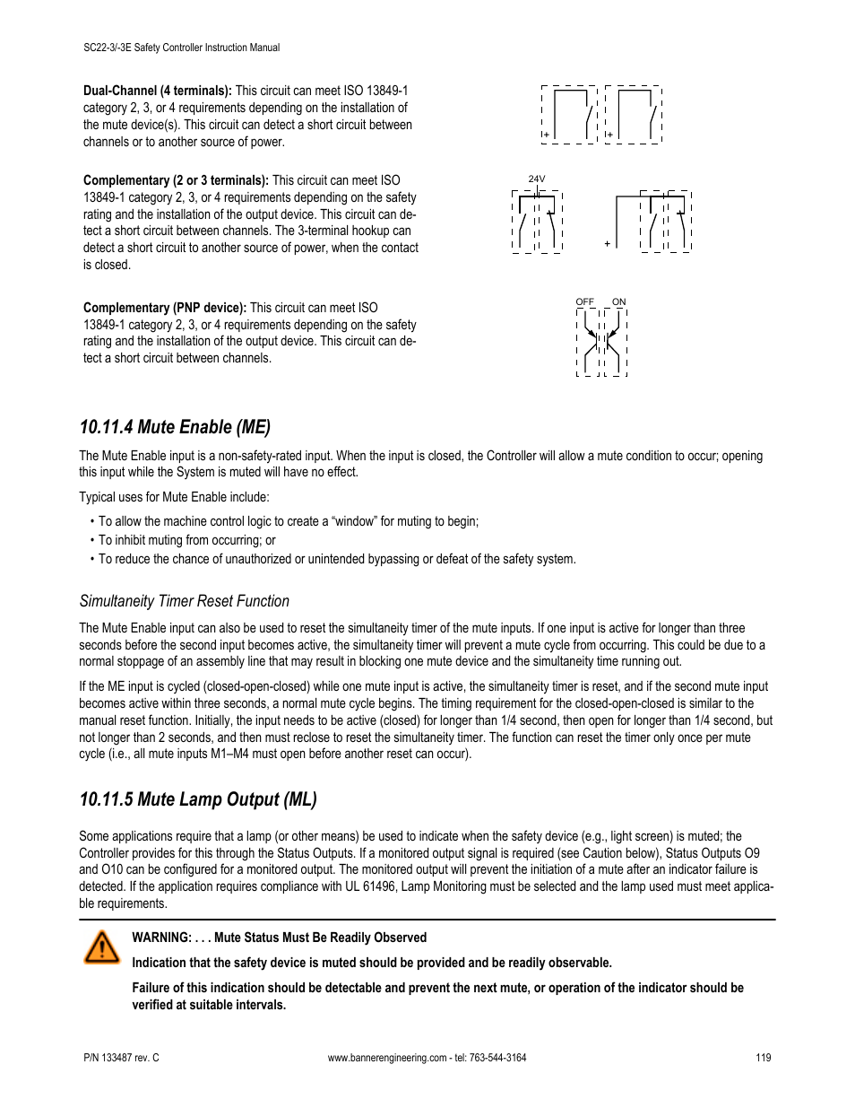 4 mute enable (me), Simultaneity timer reset function, 5 mute lamp output (ml) | Banner SC22-3E Safety Controller with Ethernet User Manual | Page 119 / 130