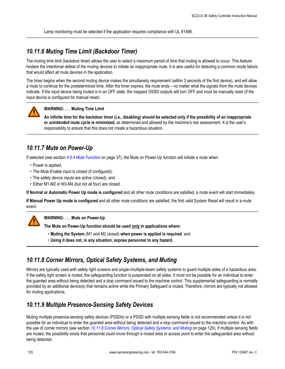 6 muting time limit (backdoor timer), 7 mute on power-up, 9 multiple presence-sensing safety devices | Banner SC22-3E Safety Controller with Ethernet User Manual | Page 120 / 130