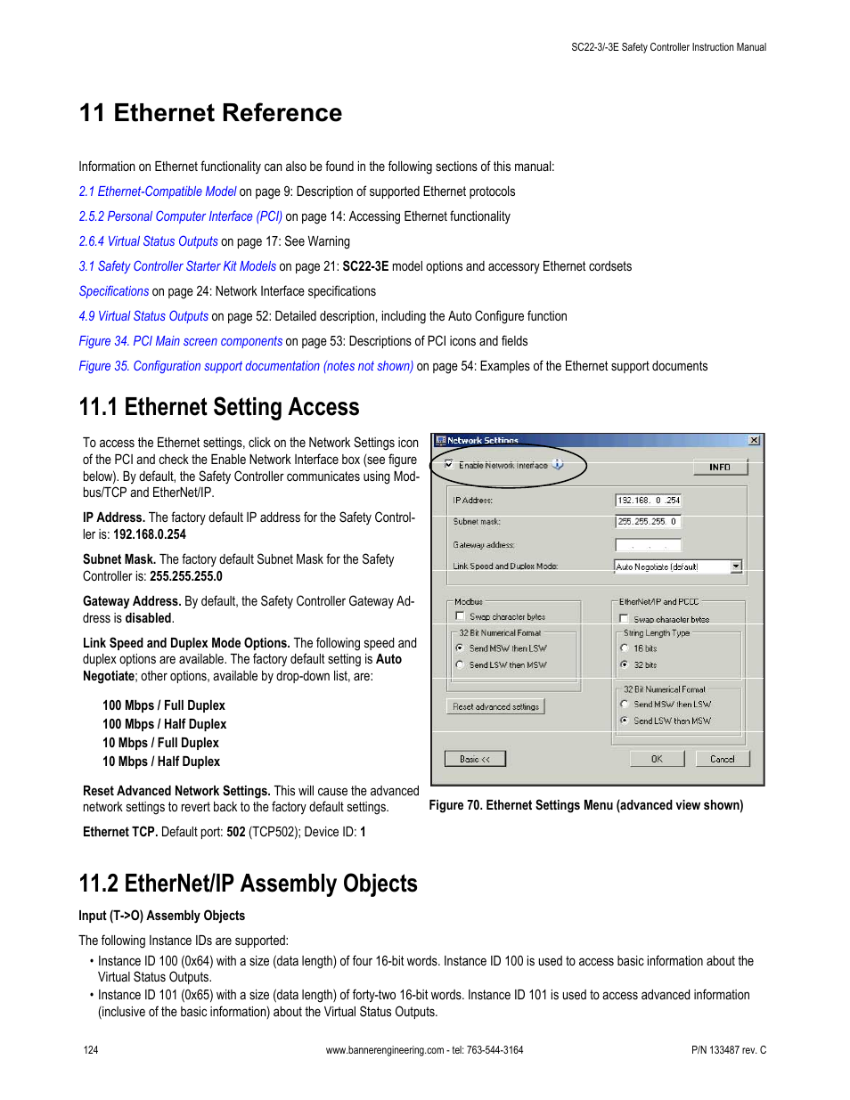 11 ethernet reference, 1 ethernet setting access, 2 ethernet/ip assembly objects | 11 ethernet refer, Ence, Menu in section | Banner SC22-3E Safety Controller with Ethernet User Manual | Page 124 / 130