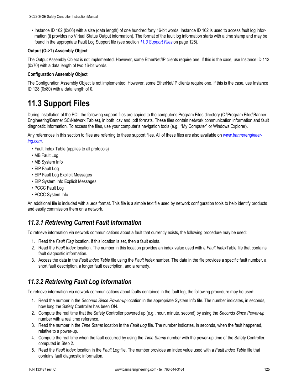 3 support files, 1 retrieving current fault information, 2 retrieving fault log information | Banner SC22-3E Safety Controller with Ethernet User Manual | Page 125 / 130