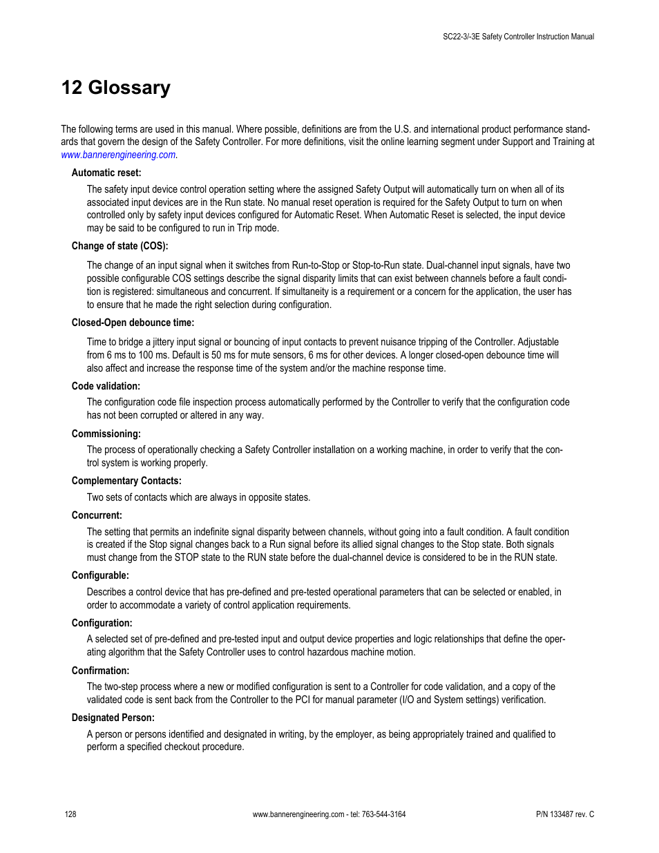 12 glossary | Banner SC22-3E Safety Controller with Ethernet User Manual | Page 128 / 130