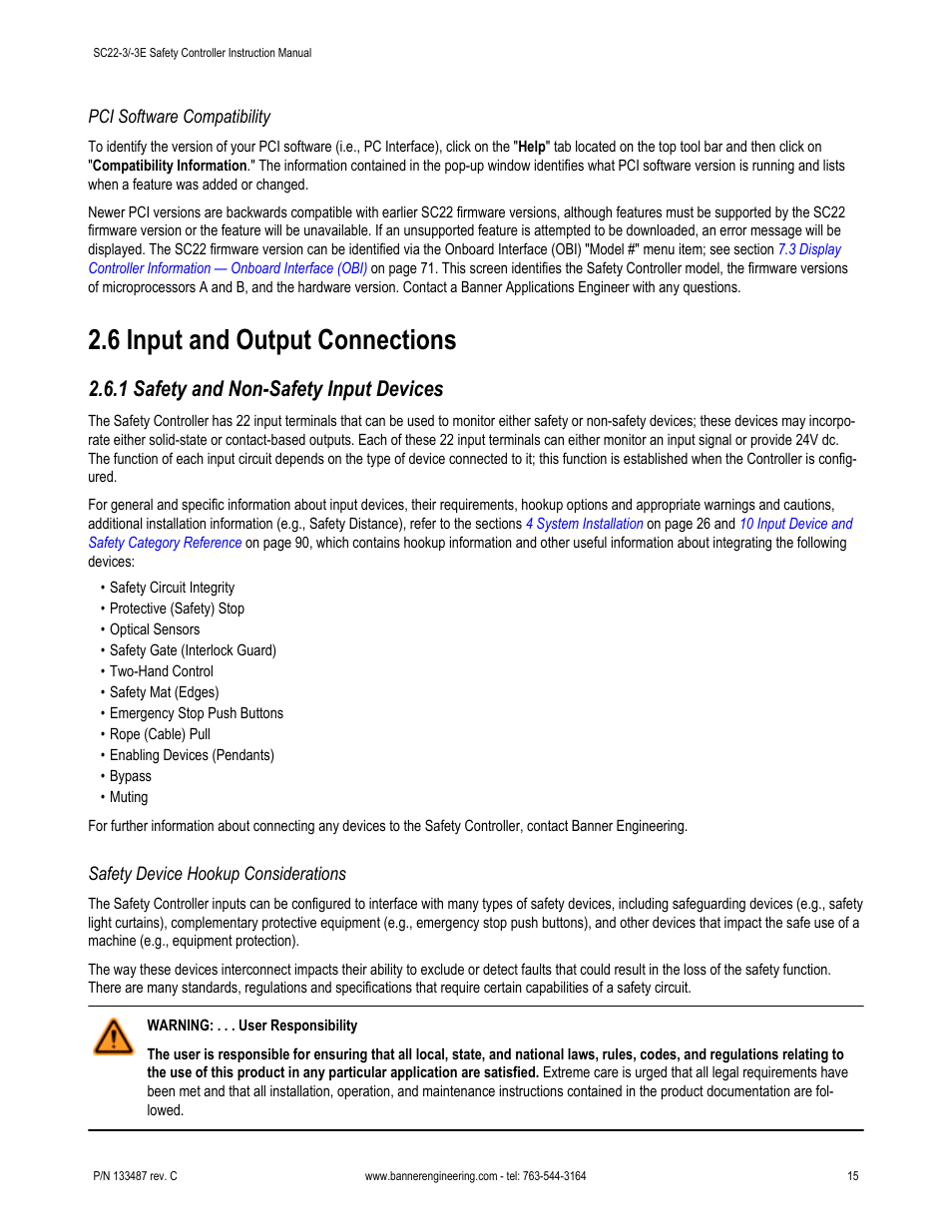 Pci software compatibility, 6 input and output connections, 1 safety and non-safety input devices | Safety device hookup considerations | Banner SC22-3E Safety Controller with Ethernet User Manual | Page 15 / 130