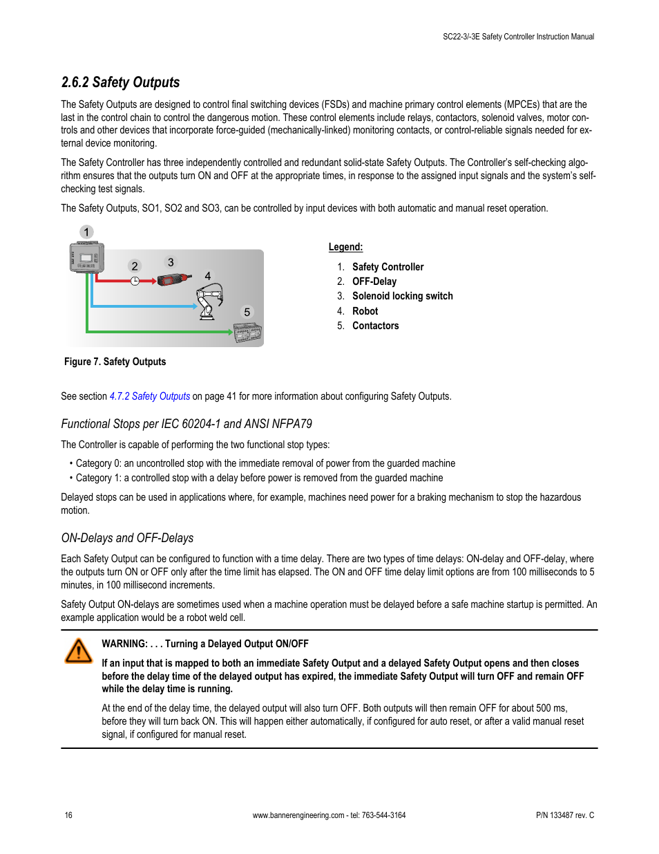 2 safety outputs, Functional stops per iec 60204-1 and ansi nfpa79, On-delays and off-delays | Banner SC22-3E Safety Controller with Ethernet User Manual | Page 16 / 130