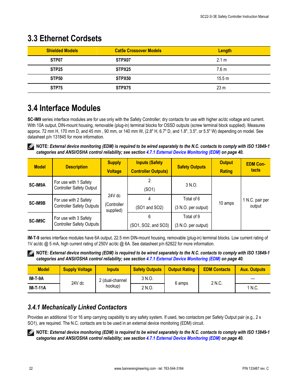 3 ethernet cordsets, 4 interface modules, 1 mechanically linked contactors | Banner SC22-3E Safety Controller with Ethernet User Manual | Page 22 / 130