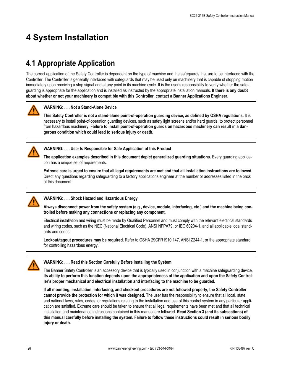 4 system installation, 1 appropriate application, 4 system installation 4.1 appropriate application | Banner SC22-3E Safety Controller with Ethernet User Manual | Page 26 / 130