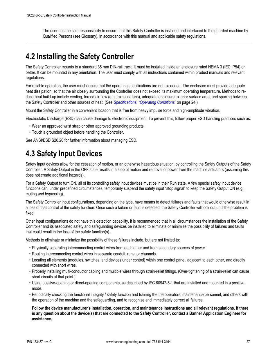 2 installing the safety controller, 3 safety input devices | Banner SC22-3E Safety Controller with Ethernet User Manual | Page 27 / 130