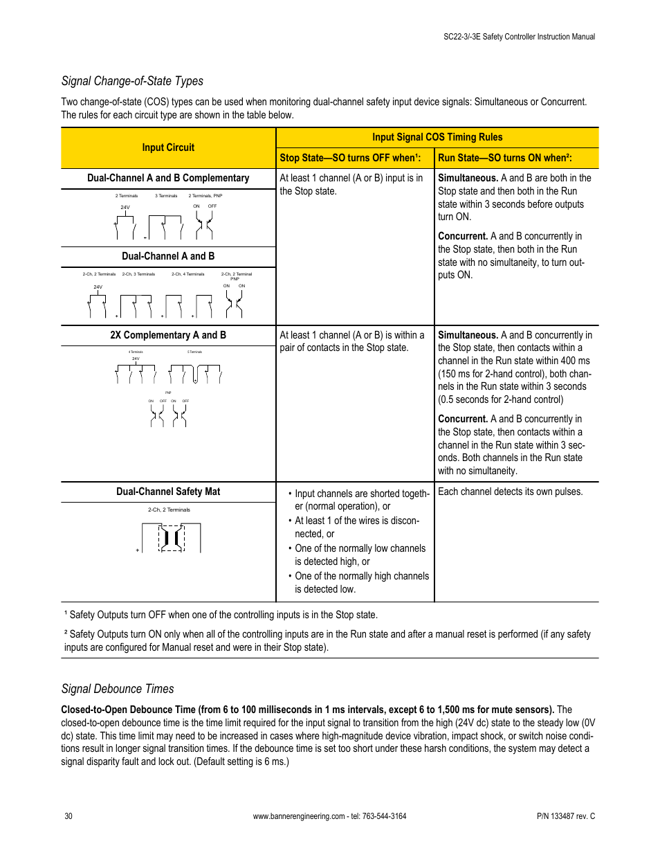 Signal change-of-state types, Signal debounce times, Dual-channel a and b | Banner SC22-3E Safety Controller with Ethernet User Manual | Page 30 / 130