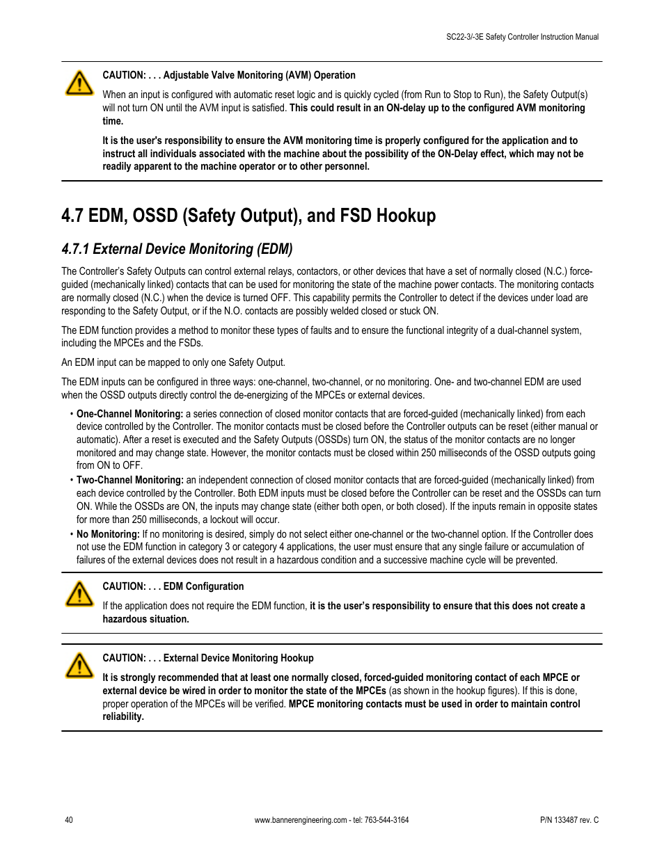 7 edm, ossd (safety output), and fsd hookup, 1 external device monitoring (edm) | Banner SC22-3E Safety Controller with Ethernet User Manual | Page 40 / 130