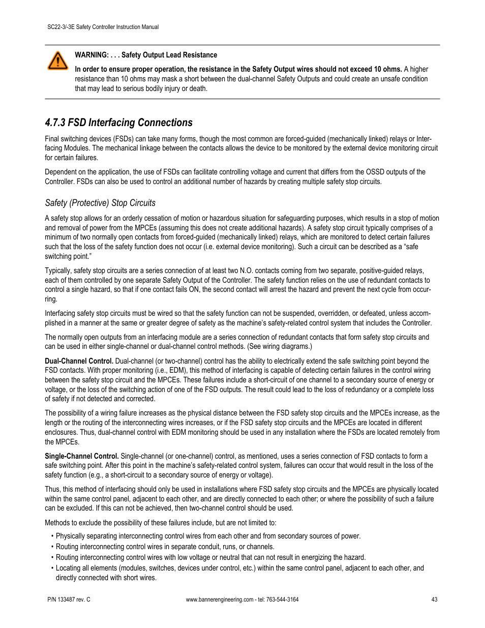 3 fsd interfacing connections, Safety (protective) stop circuits | Banner SC22-3E Safety Controller with Ethernet User Manual | Page 43 / 130