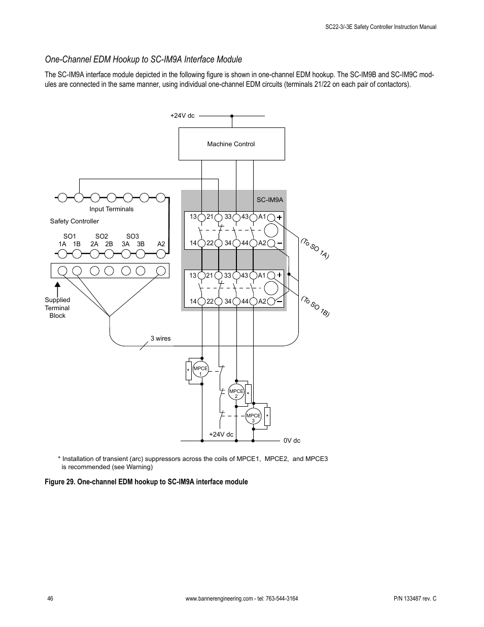 One-channel edm hookup to sc-im9a interface module | Banner SC22-3E Safety Controller with Ethernet User Manual | Page 46 / 130