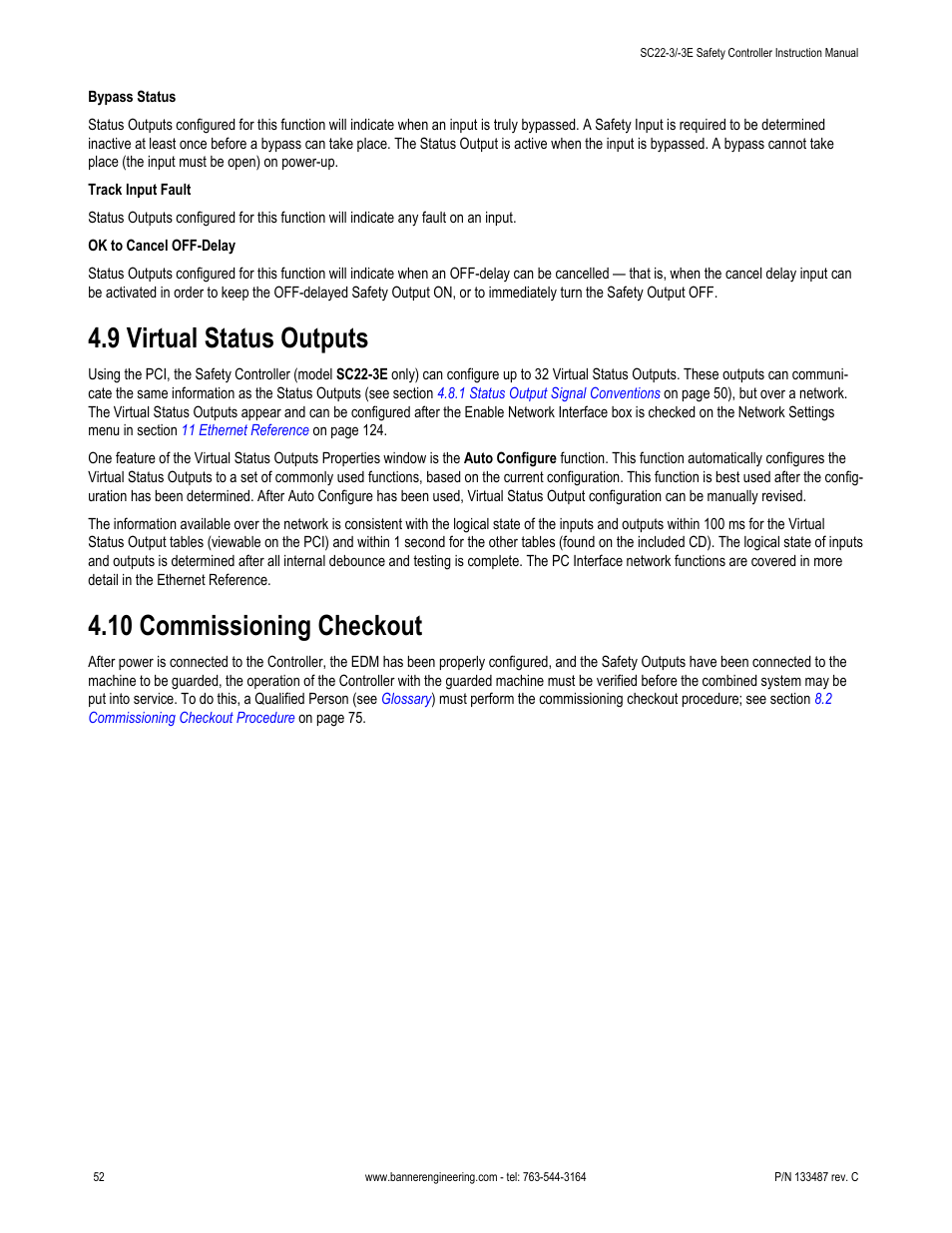 9 virtual status outputs, 10 commissioning checkout | Banner SC22-3E Safety Controller with Ethernet User Manual | Page 52 / 130