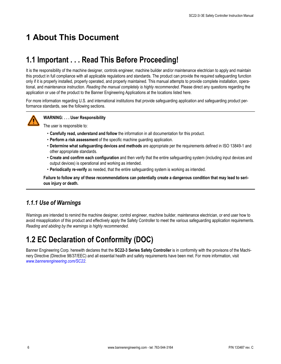1 about this document, 1 important . . . read this before proceeding, 1 use of warnings | 2 ec declaration of conformity (doc) | Banner SC22-3E Safety Controller with Ethernet User Manual | Page 6 / 130
