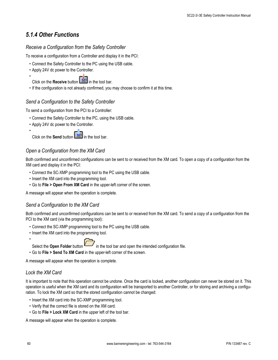 4 other functions, Receive a configuration from the safety controller, Send a configuration to the safety controller | Open a configuration from the xm card, Send a configuration to the xm card, Lock the xm card | Banner SC22-3E Safety Controller with Ethernet User Manual | Page 60 / 130