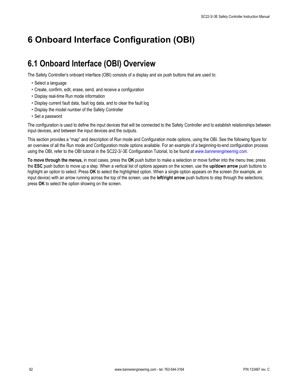 6 onboard interface configuration (obi), 1 onboard interface (obi) overview | Banner SC22-3E Safety Controller with Ethernet User Manual | Page 62 / 130