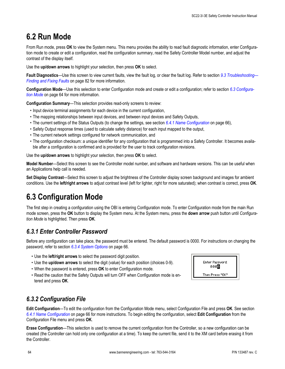 2 run mode, 3 configuration mode, 1 enter controller password | 2 configuration file | Banner SC22-3E Safety Controller with Ethernet User Manual | Page 64 / 130