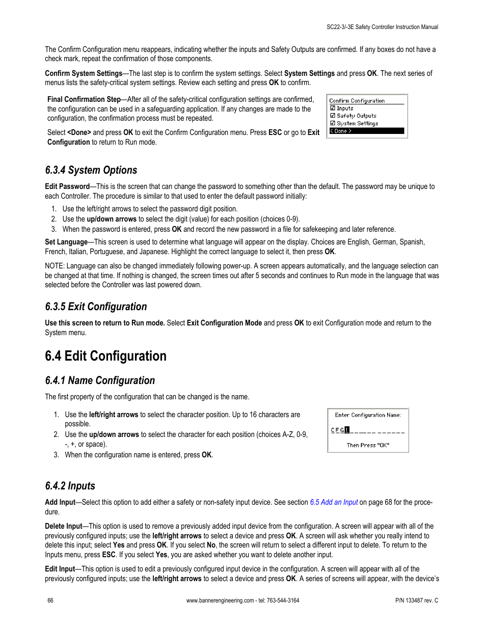 4 system options, 5 exit configuration, 4 edit configuration | 1 name configuration, 2 inputs, 4 system, Options, Password, refer to section | Banner SC22-3E Safety Controller with Ethernet User Manual | Page 66 / 130