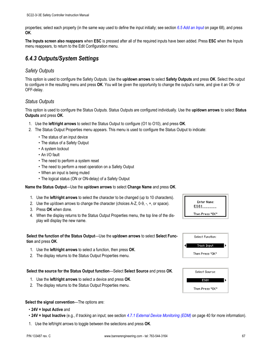 3 outputs/system settings, Safety outputs, Status outputs | Banner SC22-3E Safety Controller with Ethernet User Manual | Page 67 / 130