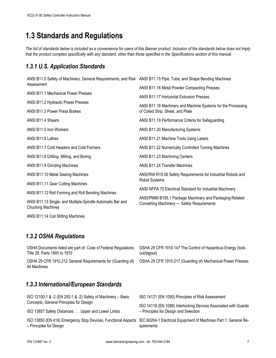 3 standards and regulations, 1 u.s. application standards, 2 osha regulations | 3 international/european standards | Banner SC22-3E Safety Controller with Ethernet User Manual | Page 7 / 130