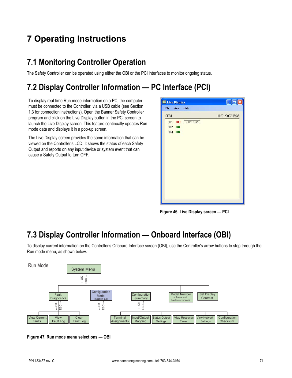 7 operating instructions, 1 monitoring controller operation, 3 display | Controller information — onboard interface (obi), Run mode, Figure 47. run mode menu selections — obi | Banner SC22-3E Safety Controller with Ethernet User Manual | Page 71 / 130