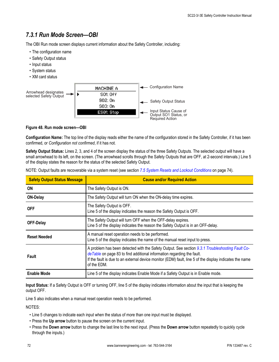 1 run mode screen—obi | Banner SC22-3E Safety Controller with Ethernet User Manual | Page 72 / 130