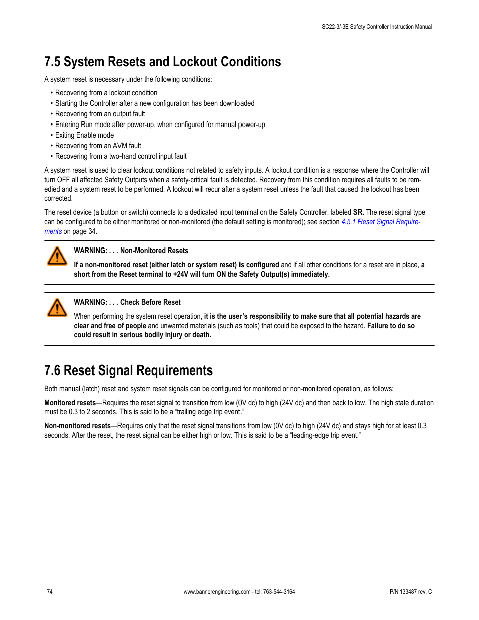 5 system resets and lockout conditions, 6 reset signal requirements, 73 and | Banner SC22-3E Safety Controller with Ethernet User Manual | Page 74 / 130