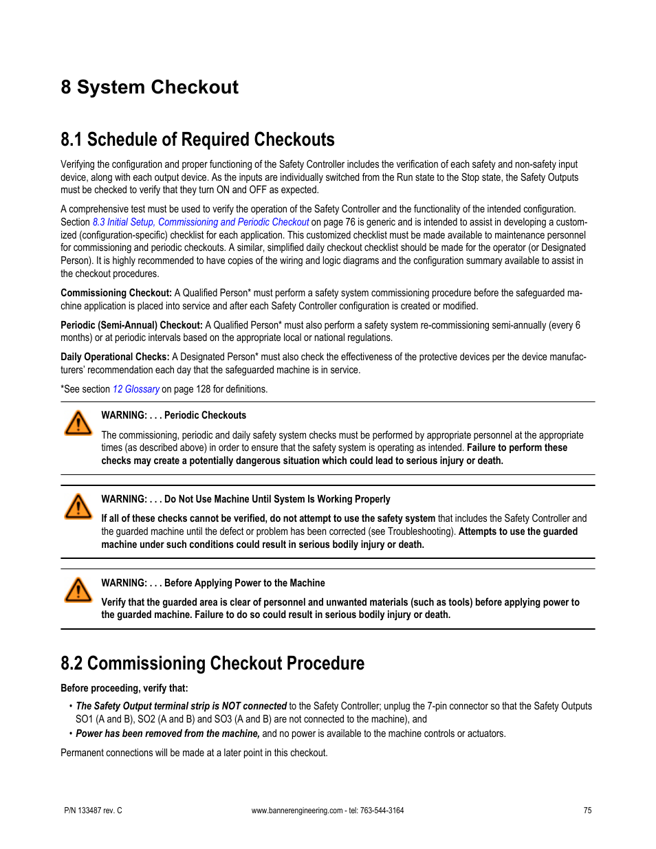 8 system checkout, 1 schedule of required checkouts, 2 commissioning checkout procedure | Commissioning checkout procedure | Banner SC22-3E Safety Controller with Ethernet User Manual | Page 75 / 130