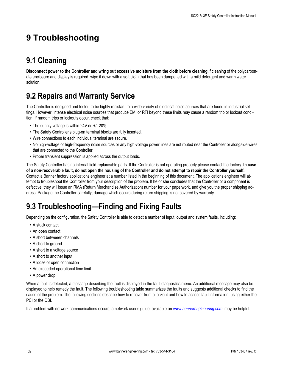 9 troubleshooting, 1 cleaning, 2 repairs and warranty service | 3 troubleshooting—finding and fixing faults, 3 troubleshooting, Finding and fixing faults, 9 troubleshooting 9.1 cleaning | Banner SC22-3E Safety Controller with Ethernet User Manual | Page 82 / 130