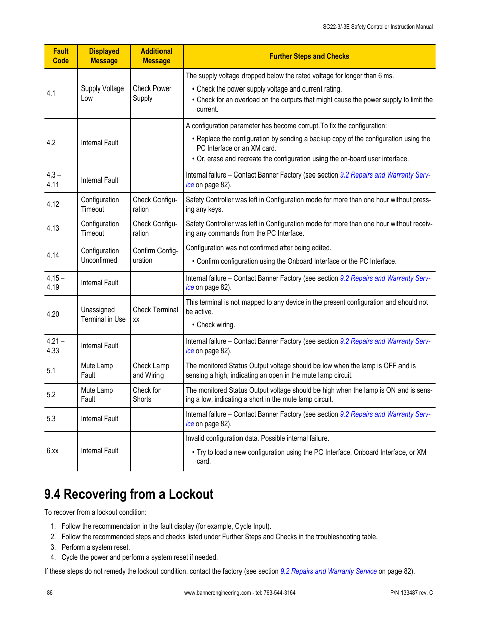 4 recovering from a lockout | Banner SC22-3E Safety Controller with Ethernet User Manual | Page 86 / 130