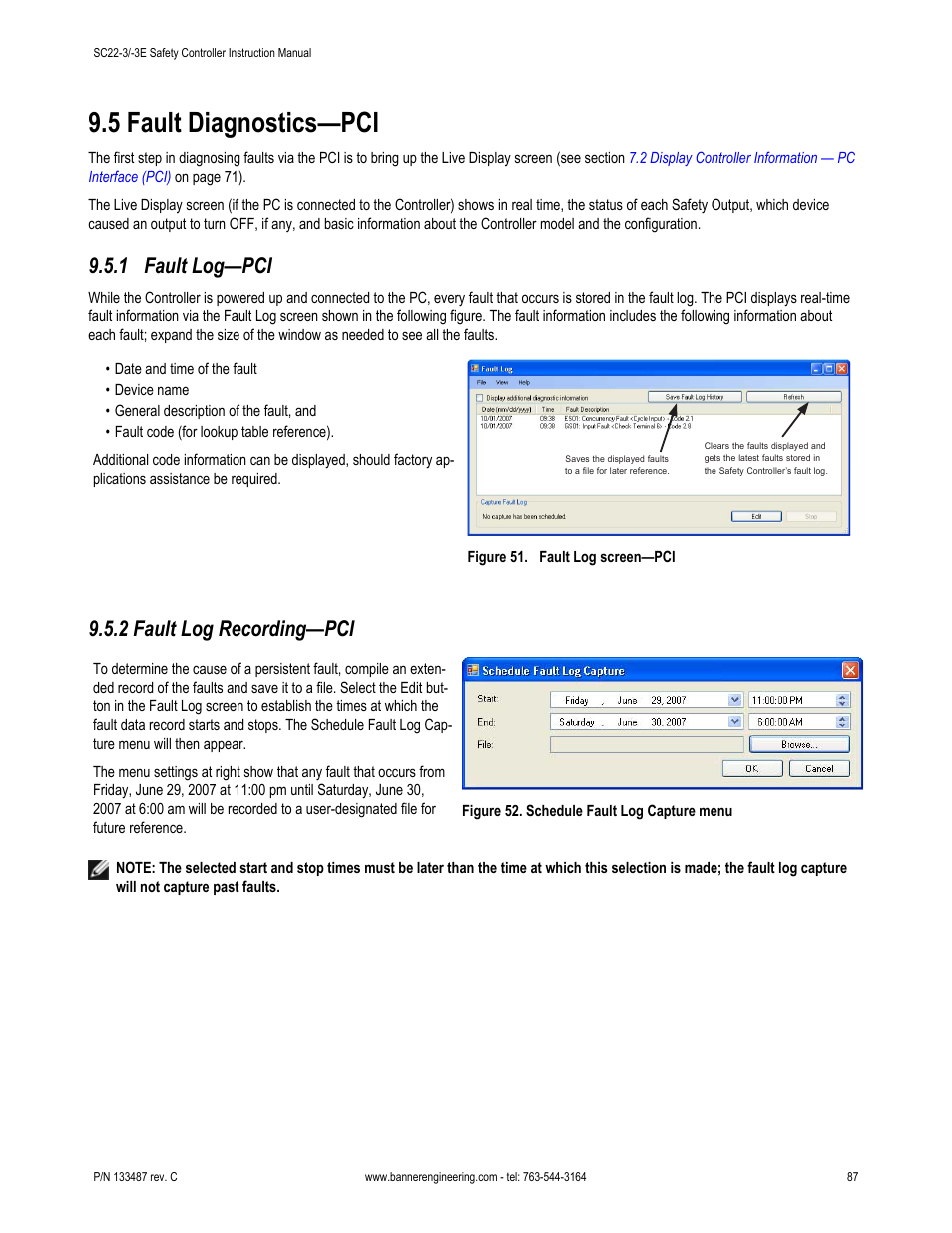 5 fault diagnostics—pci, 1 fault log—pci, 2 fault log recording—pci | Banner SC22-3E Safety Controller with Ethernet User Manual | Page 87 / 130