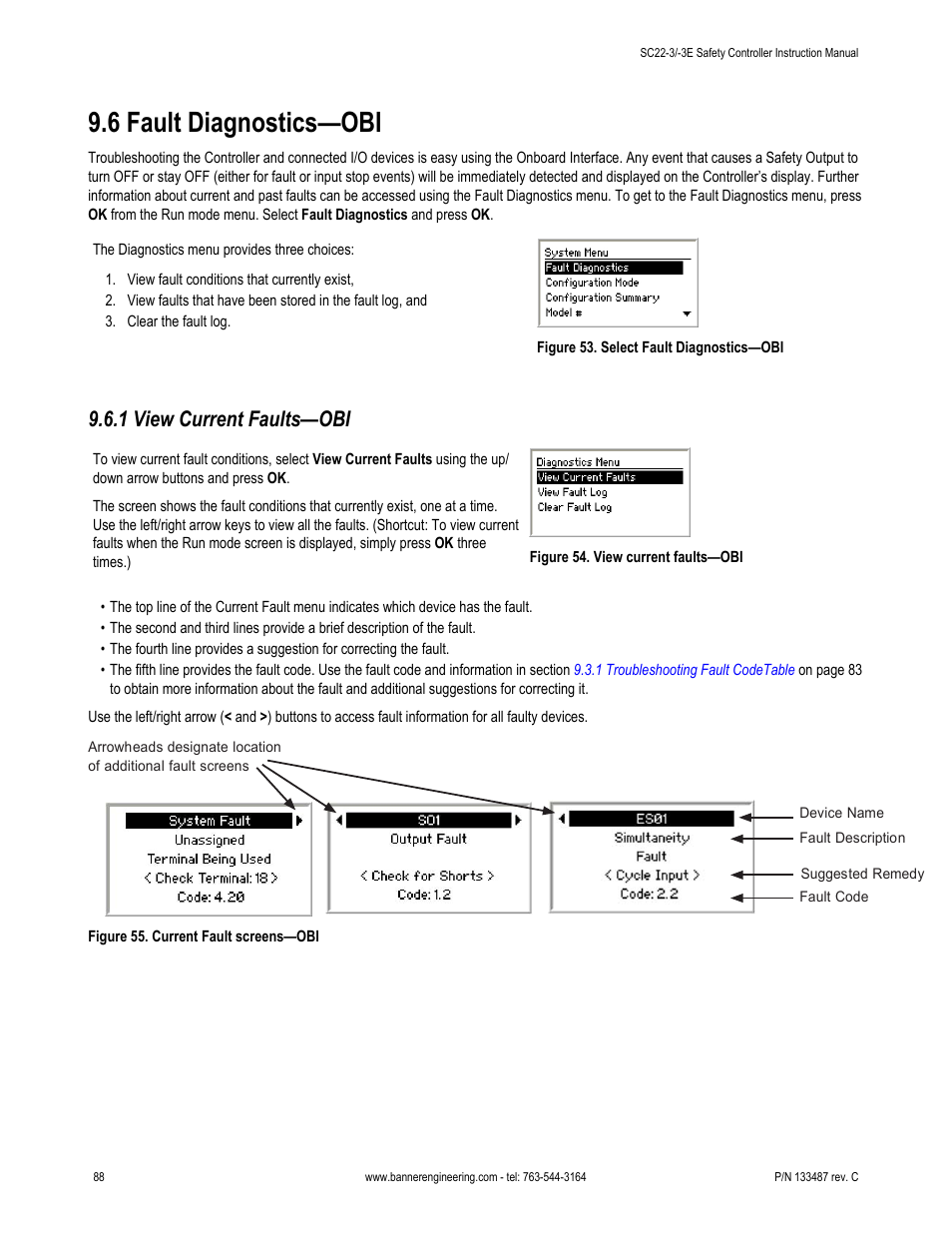 6 fault diagnostics—obi, 1 view current faults—obi | Banner SC22-3E Safety Controller with Ethernet User Manual | Page 88 / 130