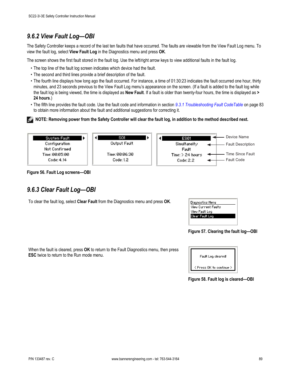 2 view fault log—obi, 3 clear fault log—obi | Banner SC22-3E Safety Controller with Ethernet User Manual | Page 89 / 130